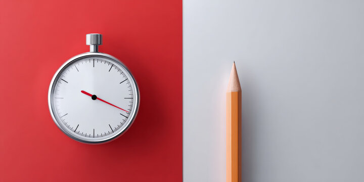 Close-up of a stopwatch and a sharpened pencil placed side by side on contrasting red and gray backgrounds symbolizing time management and creativity