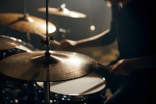Close up shot of cymbals and drums being played by a drummer in moody lighting