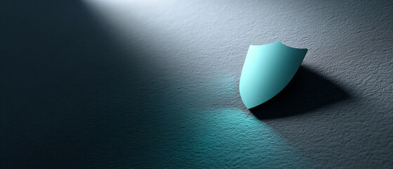 Blue shield symbol standing upright on textured dark surface with focused light and shadow, representing protection and security concept