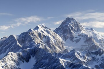 Snowy mountain range against a pastel blue sky with wispy clouds during the day