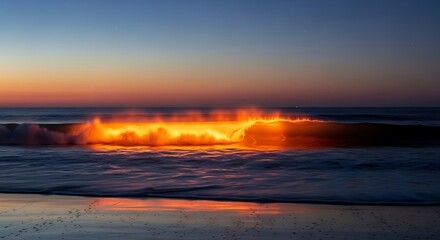 Glowing Fiery Wave Crashing on a Serene Beach at Sunset.