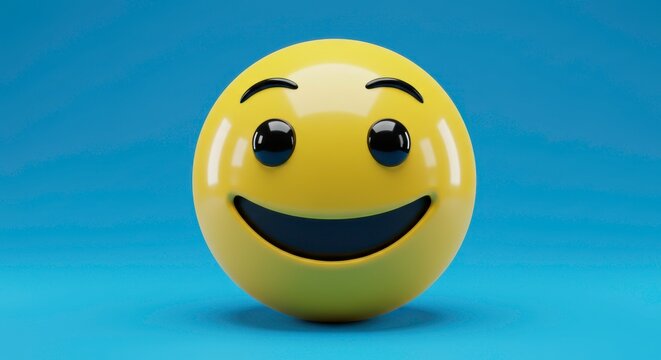 A cheerful yellow emoji face with a bright smile on a blue background exudes positivity - Powered by Adobe