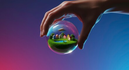 A hand holding a crystal ball containing a small village, symbolizes fragile world