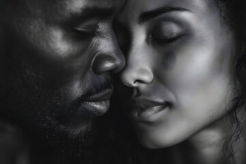 Close up portrait of a tender couple in monochrome tones with eyes closed