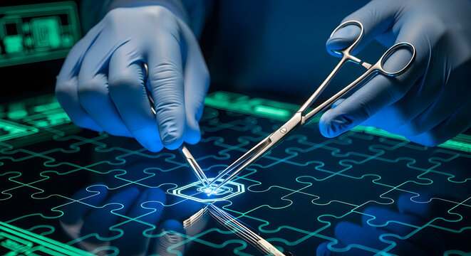 Precision Electronics Hands with Surgical Tools Assembling a Microchip