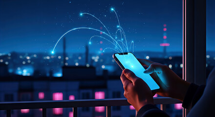 Hand holds smartphone displaying shimmering data trails, with cityscape at night in background. Illustrates digital future, 5g or 6g infrastructure, and advancements in telecommunications.