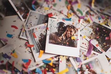 Collection of nostalgic instant photos showing a cheerful couple celebrating