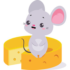 Adorable Grey Mouse Sitting On A Slice Of Swiss Cheese With A Transparent Background