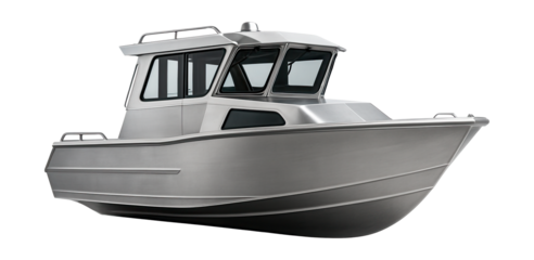 Angular aluminum cabin craft featuring a raised pilothouse design.