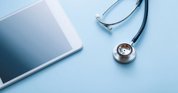 Close-up of a stethoscope and digital tablet on a light blue surface representing modern healthcare technology and medical diagnostics - Powered by Adobe