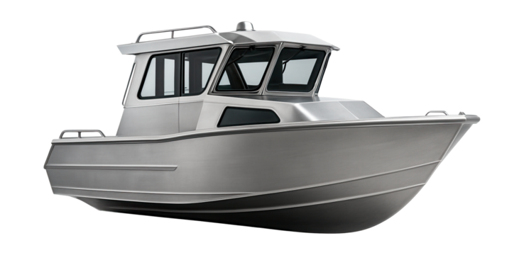 Angular aluminum cabin craft featuring a raised pilothouse design.