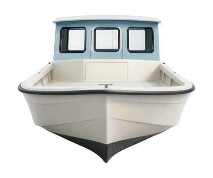Simple cabin skiff featuring a flat bottom and spacious open rear deck.