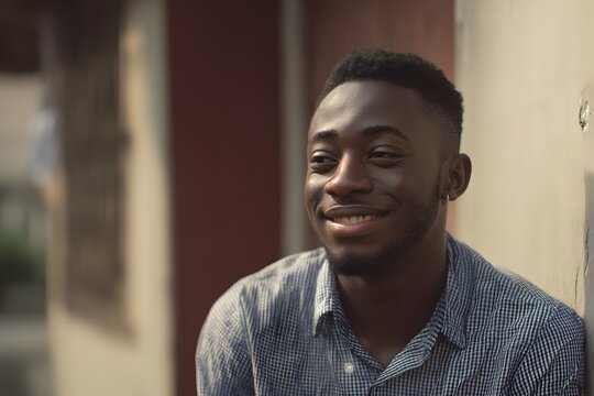 Attractive young man smiles while leaning against a building wall