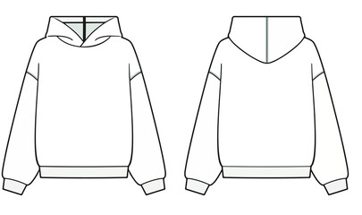 Classic Hoodie technical fashion illustration. hoodie vector template illustration. front and back view. oversized. drop shoulder. unisex. white color. CAD mockup. Aff 006