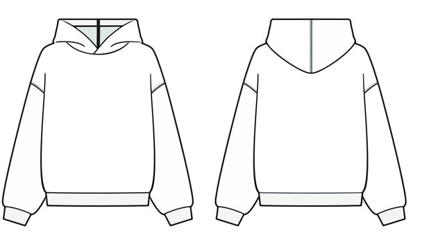 Classic Hoodie technical fashion illustration. hoodie vector template illustration. front and back view. oversized. drop shoulder. unisex. white color. CAD mockup. Aff 006