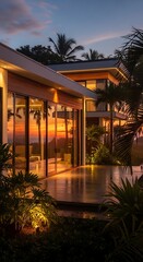 Luxury modern house with large windows at sunset.