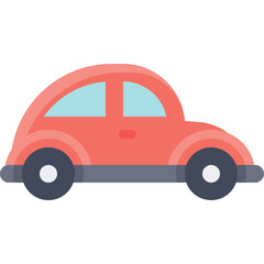 Coral Red Retro Style Car Silhouette with Blue Windows and Dark Gray Base on Transparent Background Isolated Simple Cartoon Vehicle Graphic