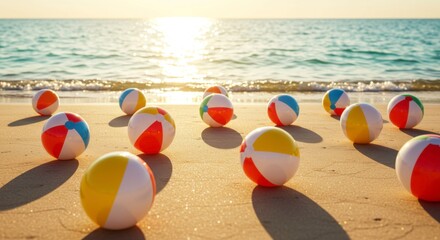 Beach balls scattered on the sand under the bright sunlight for carefree summer days fun games on