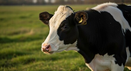 Black and white cow grazes peacefully in the lush green pasture on a sunny day