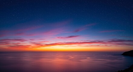 Captivating celestial symphony blending a vibrant sunset with a star studded night sky seascape