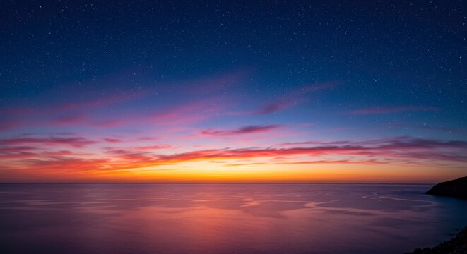 Captivating celestial symphony blending a vibrant sunset with a star studded night sky seascape