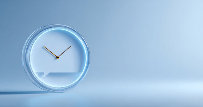 Minimalistic transparent clock with glowing neon ring and speech bubble shape on light blue background, modern time concept