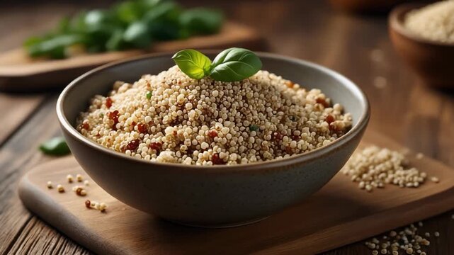 Close up of cooked quinoa in a bowl with fresh basil decoration