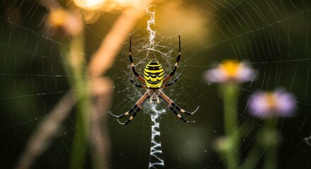 Close up of Argiope bruennichi, also known as wasp spider in web amidst nature