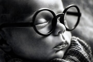 Close up of infant wearing glasses while sleeping peacefully in monochrome