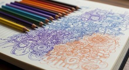 Colorful pencils and intricate doodle art on paper perfect for creative projects and artistic