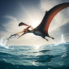Pterodactyl Hunting Fish Over Ocean.
