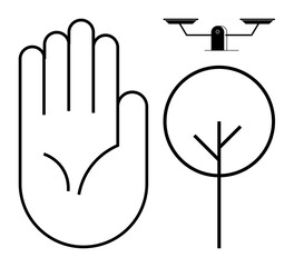 Outlined hand next to a tree and surveillance camera highlights balance among nature, security, and technology. Ideal for environment, monitoring, safety, ecology, privacy, awareness futuristic
