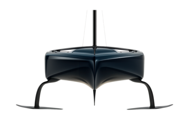 High-speed foiling catamaran featuring hydrofoil wings and sleek hull design.