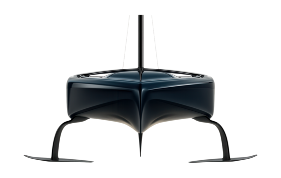 High-speed foiling catamaran featuring hydrofoil wings and sleek hull design.