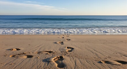 Footprints in the sand leading towards the ocean waves.