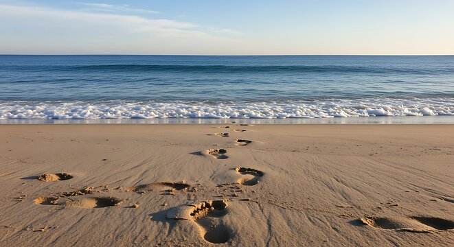 Footprints in the sand leading towards the ocean waves. - Powered by Adobe