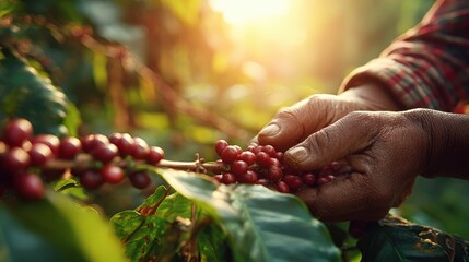 Hands carefully harvest ripe red berries from a cultivated plant under bright sunlight