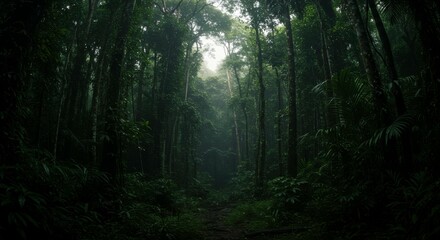 Obraz premium Enigmatic rainforest path with dense vegetation and towering trees under a hazy sky