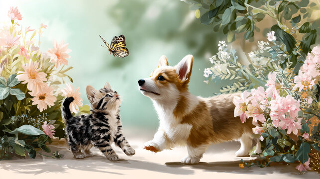 Playful kitten and corgi puppy discover a butterfly among blooming flowers in a sunny garden