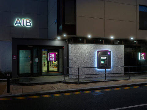 Roscommon, Ireland - 23.11.2025: Illuminated at night AIB bank.
