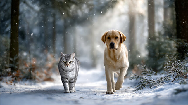 Warm companionship in a snowy forest with a dog and a cat exploring the serene winter landscape together during a peaceful morning
