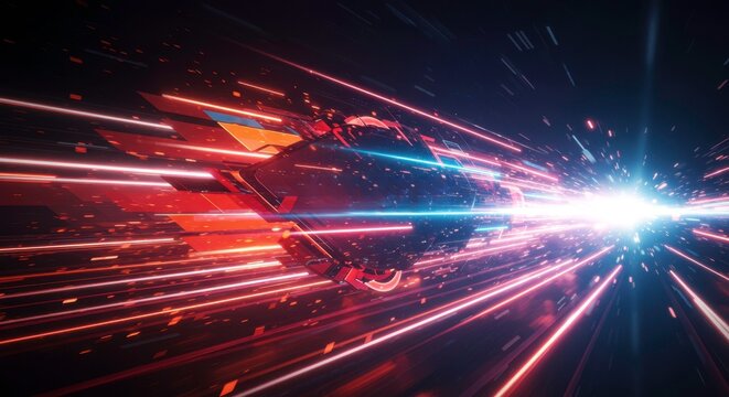 Futuristic space travel concept featuring a spacecraft accelerating through hyperspace abstract