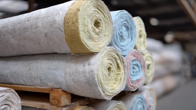 Medium shot capturing multilayer thermal insulation rolls stacked neatly featuring combined materials for enhanced thermal resistance in building cladding systems.