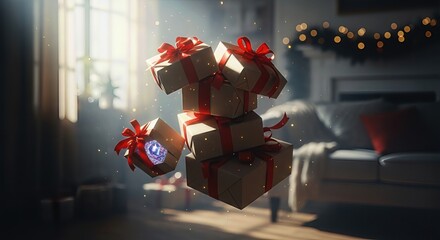 Obraz premium Floating festive holiday presents with red ribbons illuminating a cozy domestic living space. A magical sparkle symbolizes the season's continued celebration concept.