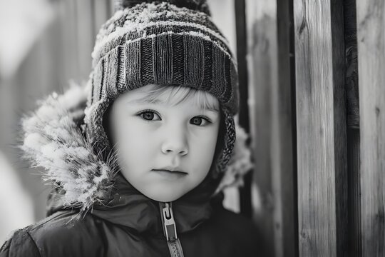 Child looking at camera with winter hat and jacket in black and white style