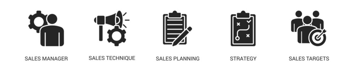 Sales Management Glyph Icon Set For Web Banner. Vector Illustration Concept With Some Icons. Designed In Glyph Style