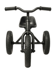 Steel-framed black tricycle with air-filled tires.