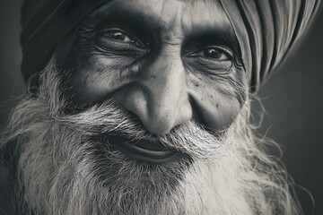 Close up portrait of a smiling sikh man with long white beard
