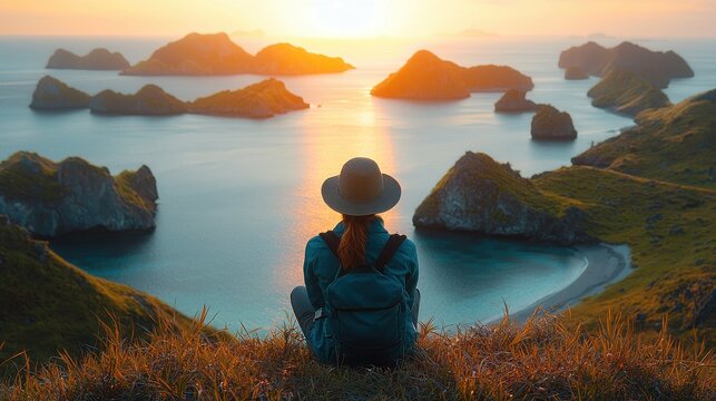 A woman with a backpack sitting on a grassy hill overlooking the ocean at sunset