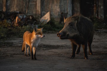 Naklejka premium Red fox and wild boar facing each other in a derelict setting at dusk, realistic digital art
